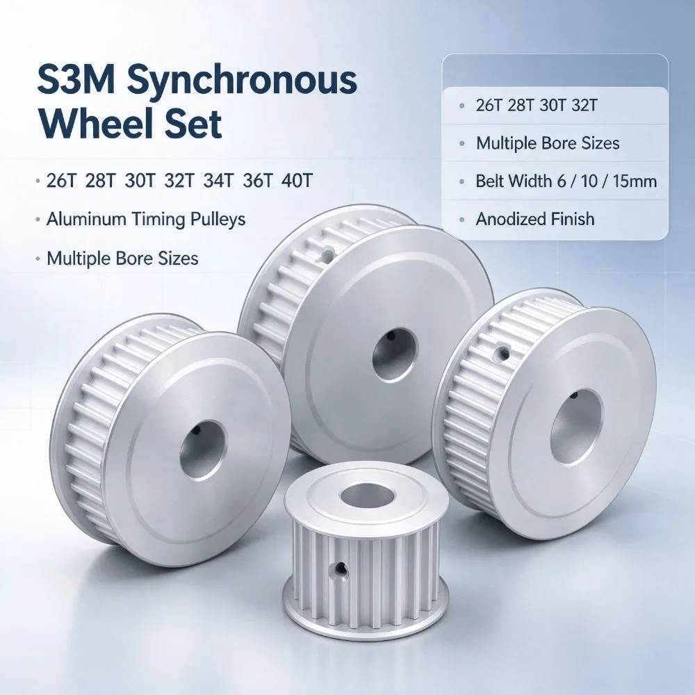 1Pcs S3M Anodizing Aluminum Synchronous Wheel 26 to 40 Teeth Timing Pulley,Fit Belt Width 6mm 10mm 15mm,Bore Size 5mm-20mm