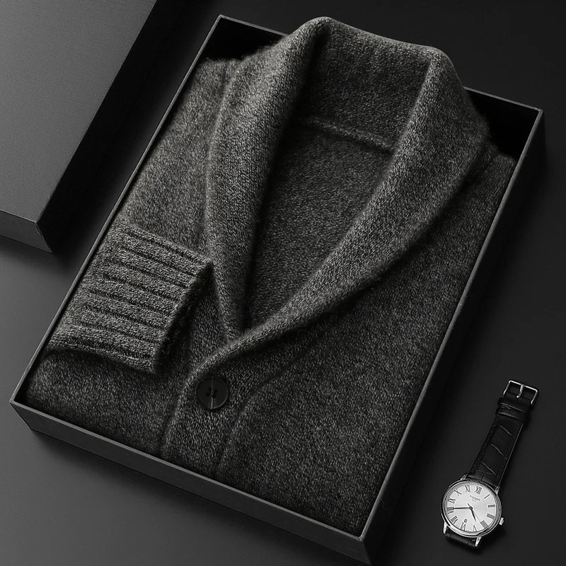 CHICUU Men's 100% Cashmere Sweater Shawl Collar Cardigan Coat Thick Warm Clothes Autumn Winter Smart Casual Cashmere Knitwear