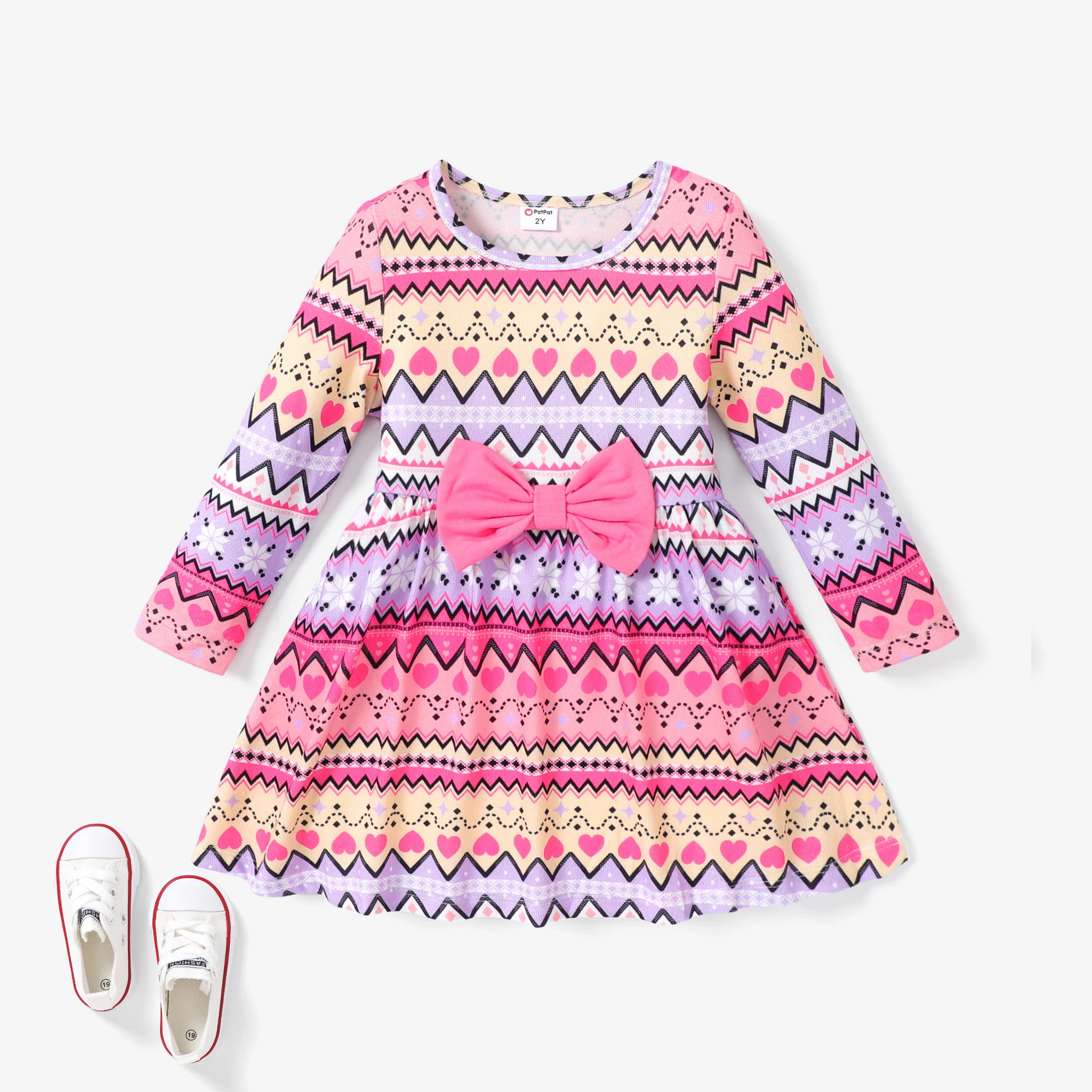 PatPat vestido de diseño de lazo con patrón geométrico 3D hipertáctil para niña pequeña