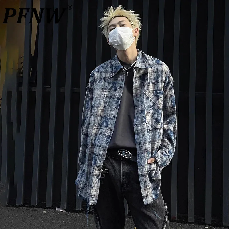 

PFNW American Hip-hop Tie Dye Plaid Worn-out Shirt Men's High Street Lapel Single Breasted Loose Autumn Trendy Tops New 28W4434