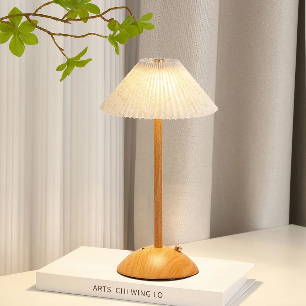 

Portable LED Desk Lamp Wood Base Desk Reading Lamp Fabric Shade Bedside Table Lamp Rechargeable for Living Room Dorm Home Office
