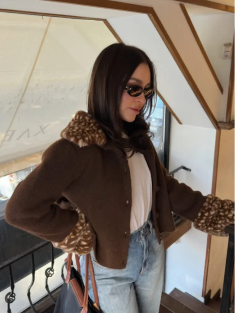 2026 Fall Winter Women Vintage Short Wool Coat Faux Fur Deer Print Collar And Cuff Long Sleeve Button Down Warm Fashion Jacket