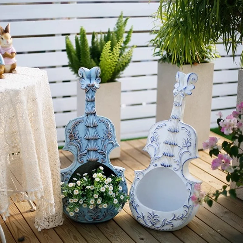 European Style Violin Planter Artistic Flower Pot for Balcony & Garden Unique Patio Bonsai Display Terrace Landscape Decoration
