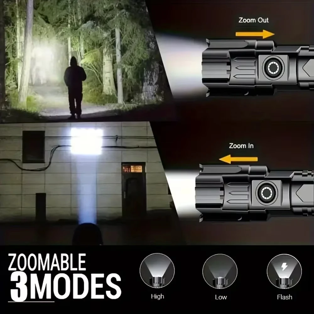 Ultra Bright LED Flashlight 2000LM Type-C Rechargeable Long Range Zoom Tactical Torch Outdoor Emergency Camping Fishing Lantern