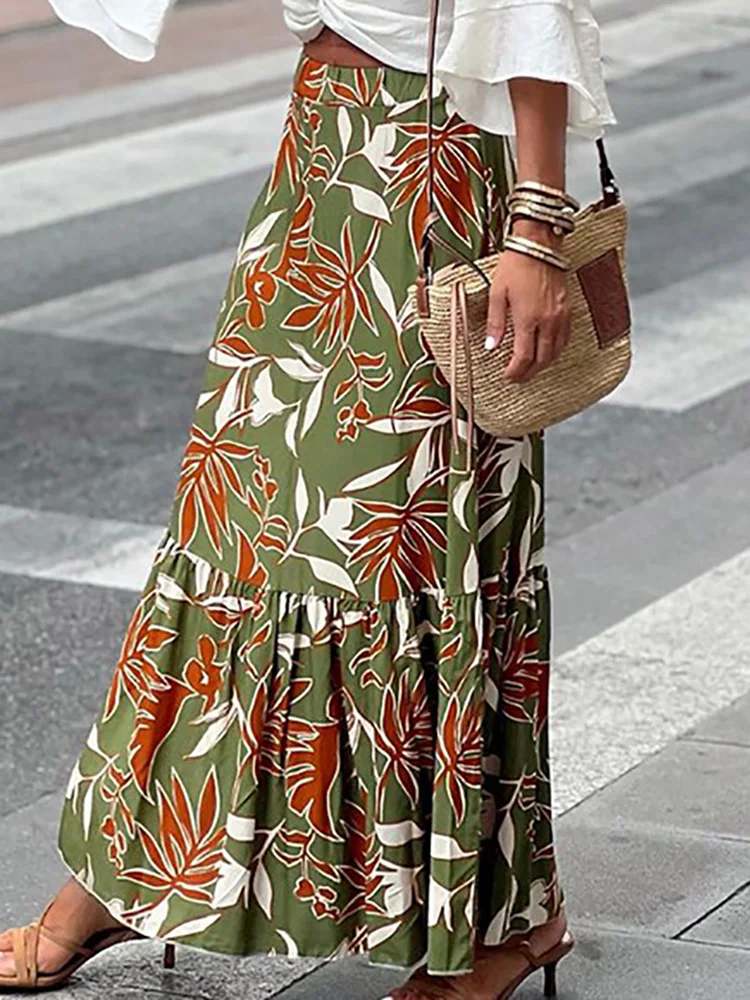 

Elegant Lady Print Patchwork Chic Skirt Slim Fit Women Office Casual Long Skirt Streetwear A Line Ruffles Skirt Summer Vestido
