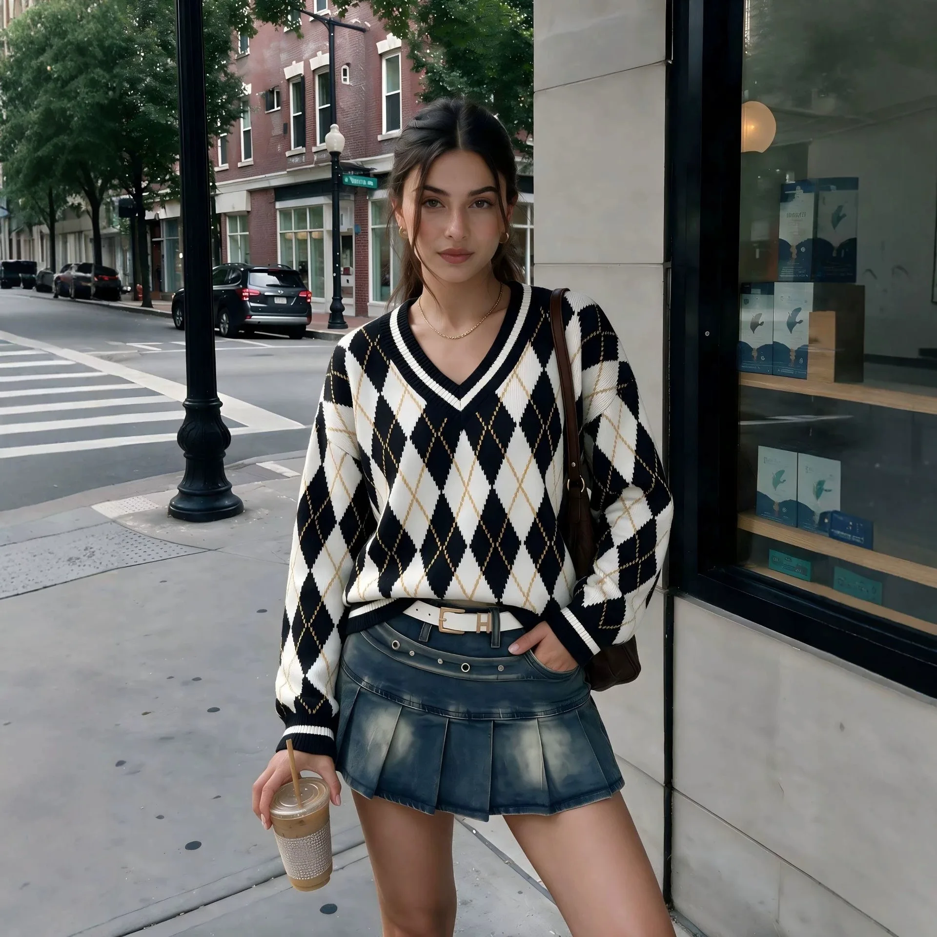 V-Neck Geometric Pattern Knitted Sweater Color Block Fashion Lazy Style Women's Knitwear Comfortable Mid-Thick Long Sleeve Top