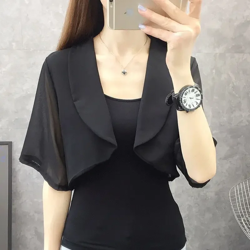 Crop Top Korean Fashion Cardigan Shawl Sunscreen Clothing Female Short Sleeve Waistcoat New Summer Short Top Women Clothing