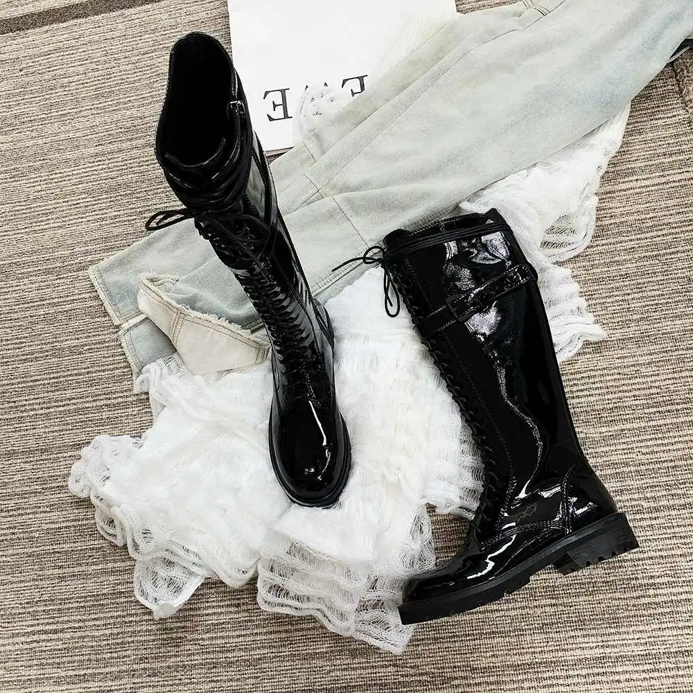 Krazing Pot Cow Patent Leather Cross-tied Round Toe Rock Singer Equestrian Long Boots Big Size Platform Warm Thigh High Boots