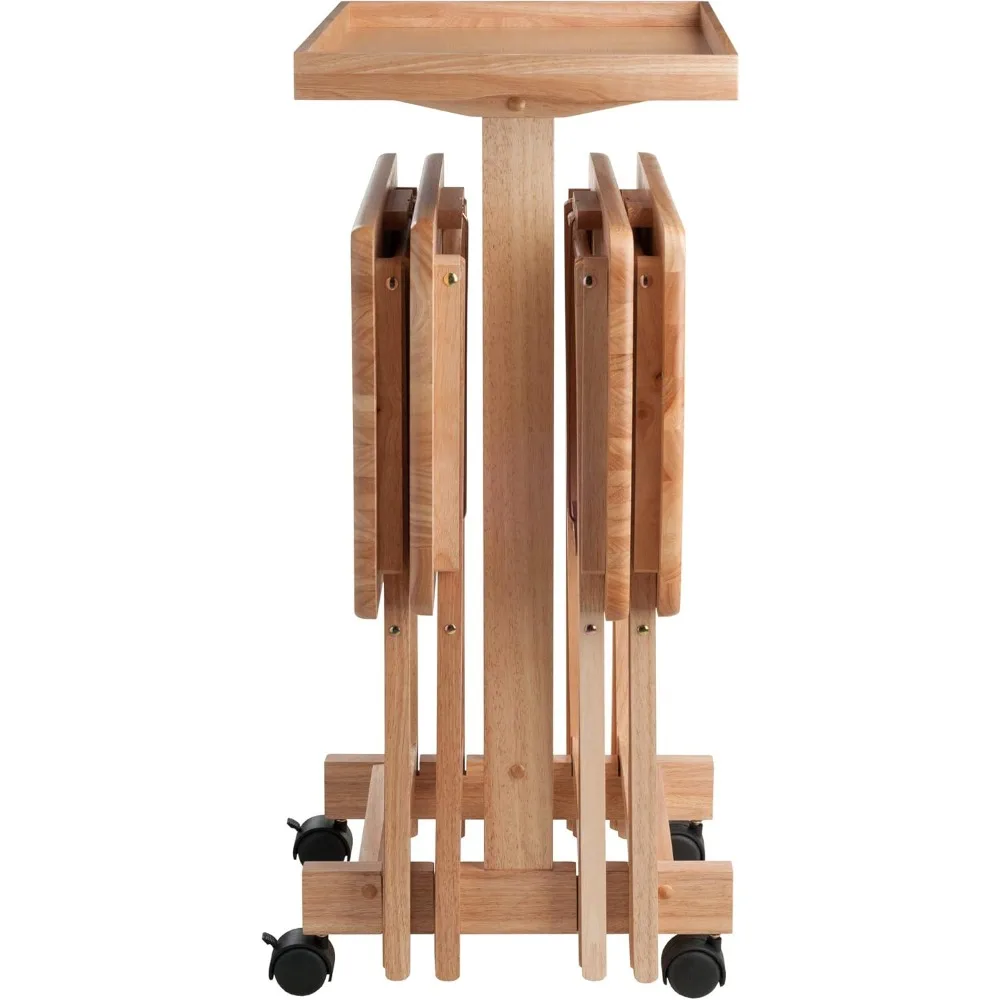 Isabelle Snack Table Set with Mobile Stand, for Living Room, Patio, Natural, Set of 4 Tables