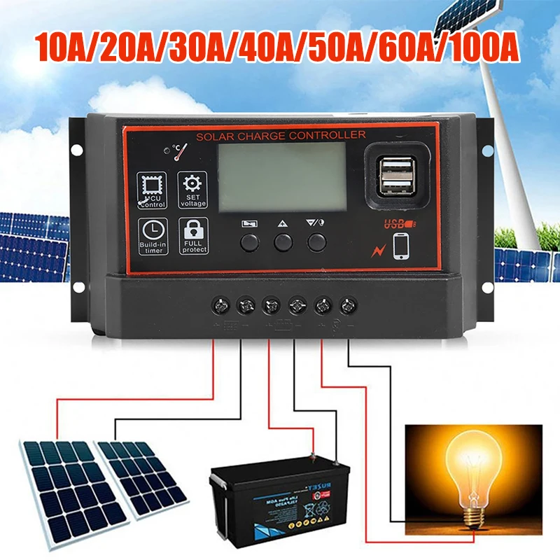 10A/20A/30A/40A/50A/60A/100A Solar Charge Controller PWM 12V/24V Charge Controller Dual USB Auto Solar Panel Charger Regulator