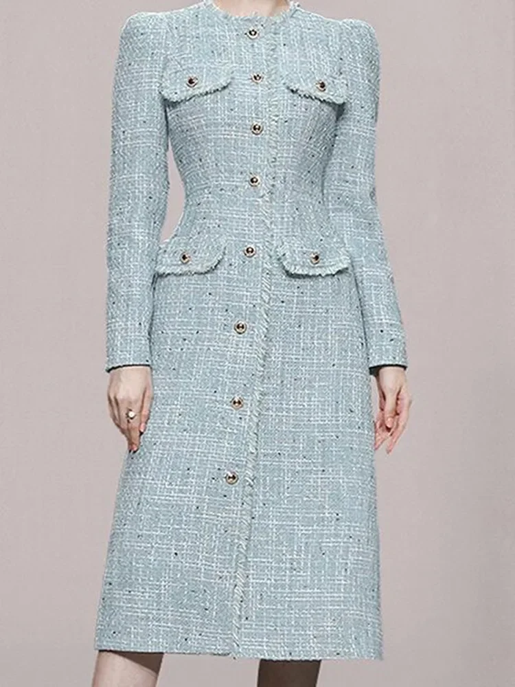Women\'s Dresses Winter Long Sleeves Luxury O-Neck Tassel Single Breasting Tweed Dress Korean Blue Elegant Slim Dress