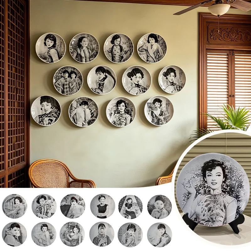 Retro Republic China Style Hanging Plate Cheongsam Beauty Portrait Wall Decor Chinese Style Art Plate Desktop Display Ornament