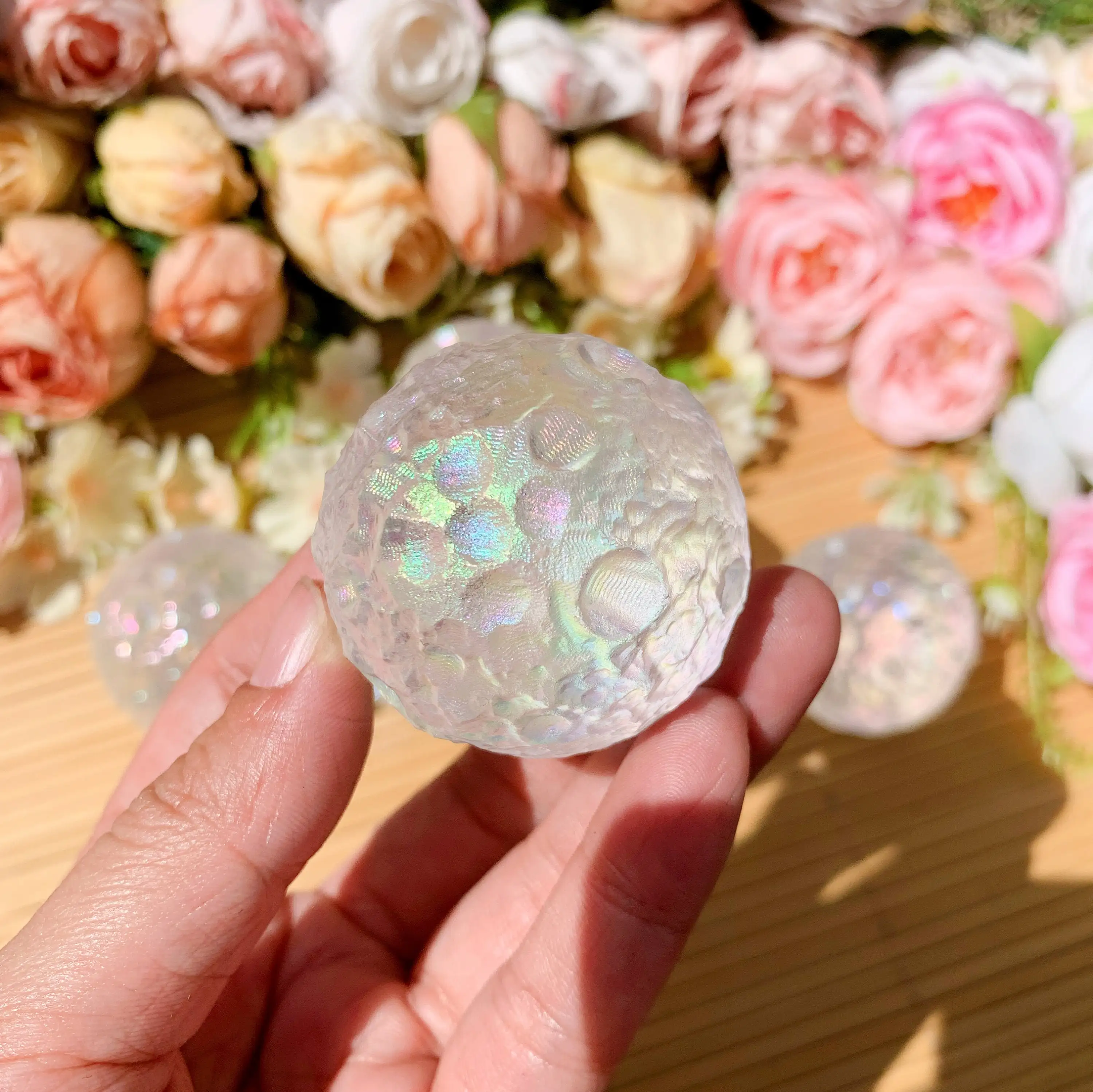 Angel Aura Quartz Full Moon, Hand Carved Crystal Sphere Sculpture, Crystal Housewarming Gift, Crystal Collection, Home Decor