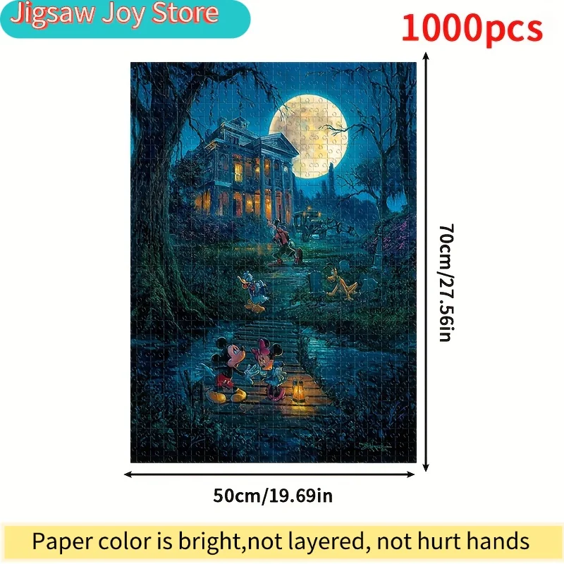 ปริศนา 1,000 ชิ้น ที่มีลวดลายการ์ตูนสัตว์ ธีมฮาโลวีน มิกกี้เมาส์ ดวงจันทร์ และปราสาท ปริศนาแบบแขวนผนังนี้คือ