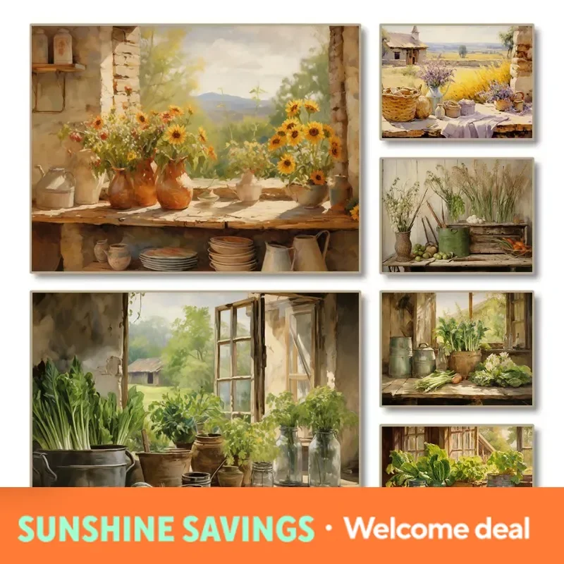 Vintage Country Kitchen Window View Vegetables Sunflower Still Life Rustic Poster Canvas Painting Wall Art Picture Home Decor