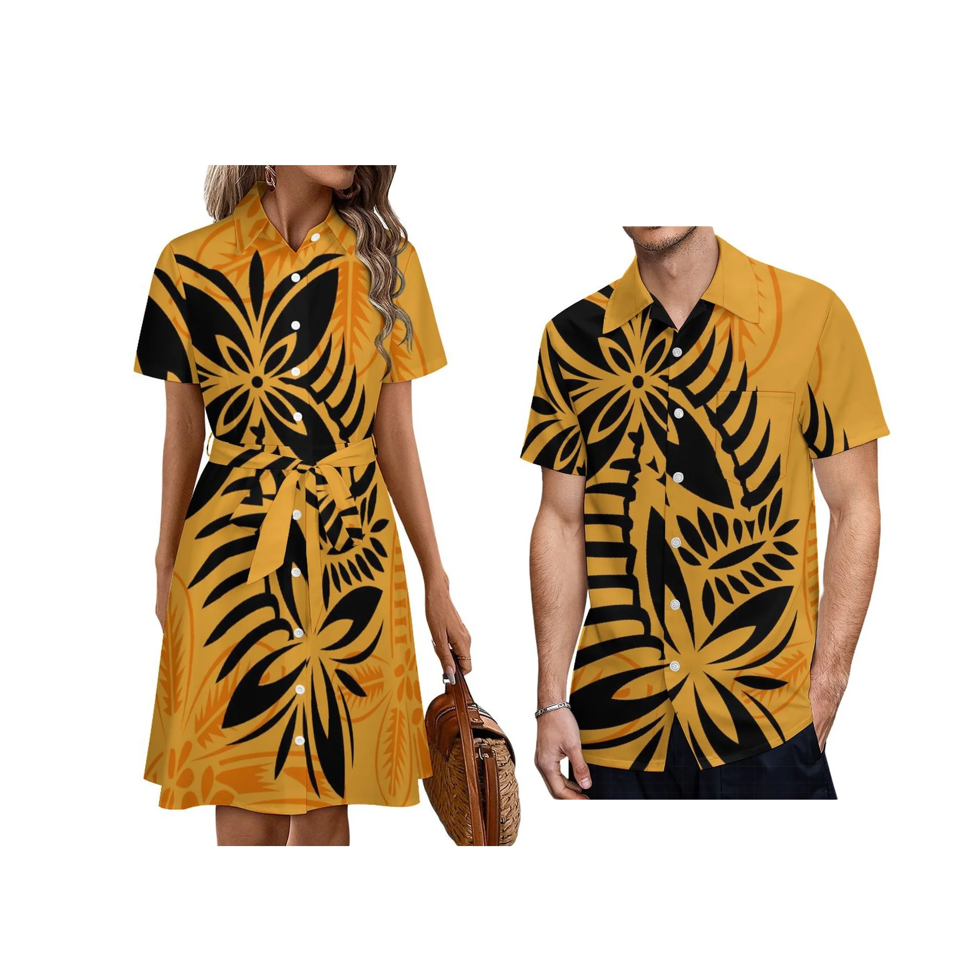 Samoan Island Design Ladies Summer Sashes Dress Custom Plus Size Casual Button Shirts Dress Polynesian Tie-Up Dress