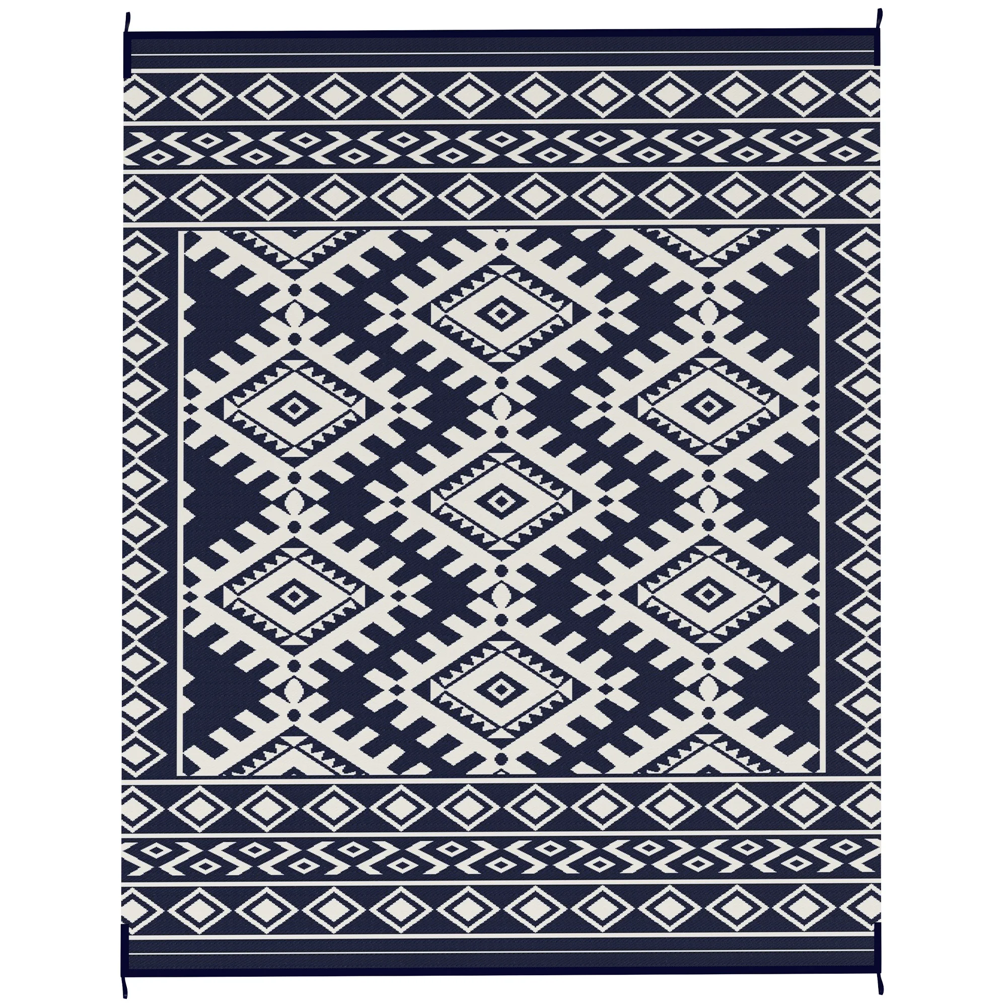 Outdoor Rug, 8' x 10' Plastic Straw, Blue White Rhombus Border