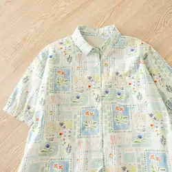 2026 Mori Girl Japanese fashion cartoon patchwork print shirts short sleeve blouses for women summer cotton beach shirts