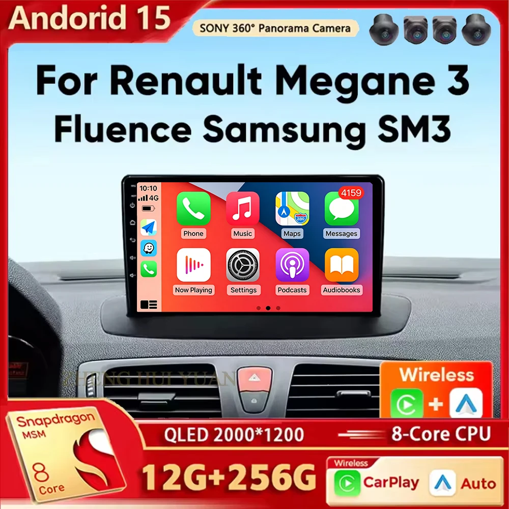 Radio de coche Android 15 para Renault Megane 3 Fluence Samsung SM3 2008 - 2014 Carplay inalámbrico Android Auto Car Multimedia estéreo
