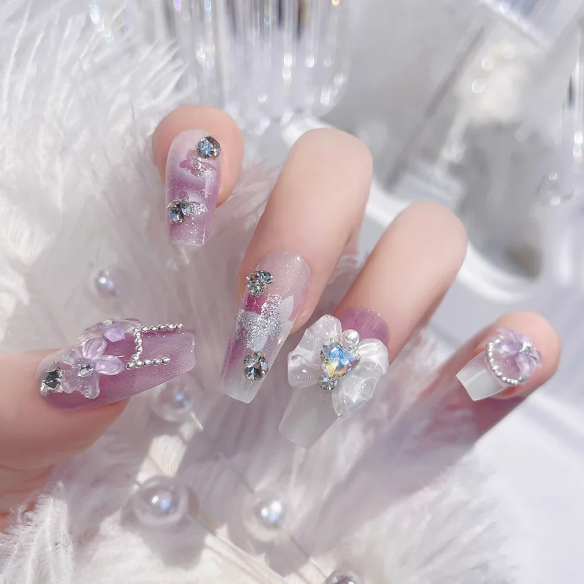 Fairy Flower Fake Nails with White Bow Crystal Design Korean Sweet Style Fake Nails for Lady Girls Artificial Nails Handmade