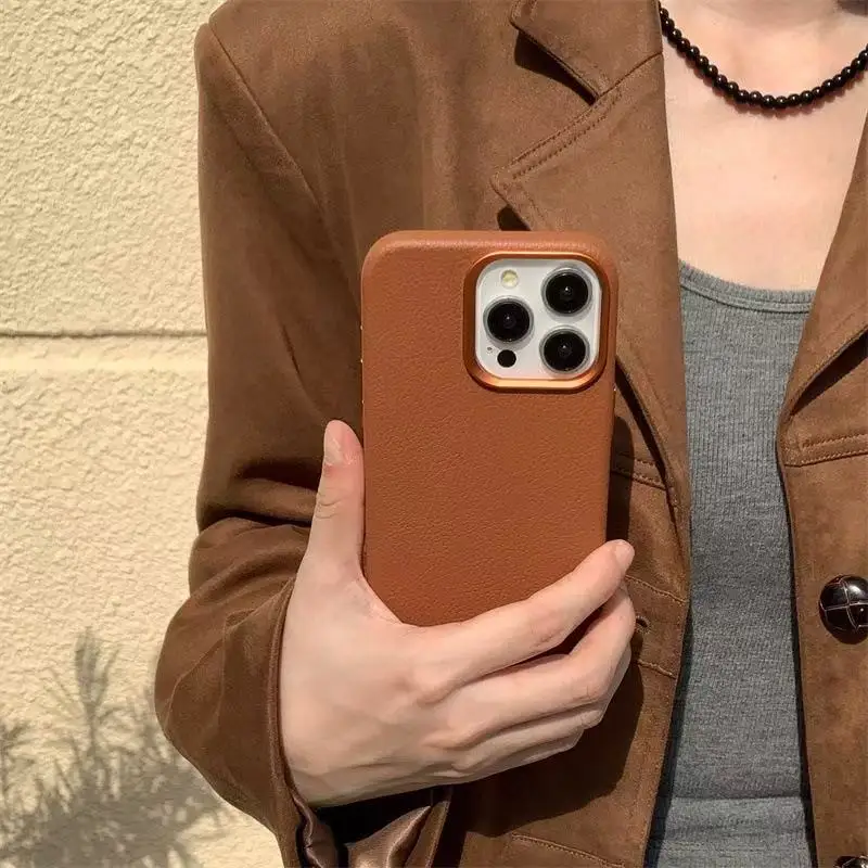 For Magsafe Lychee Texture PU Leather Case For iPhone 17 15 14 16 Pro Max 13 Magnetic Wireless Charging  Back Cover Phone Case