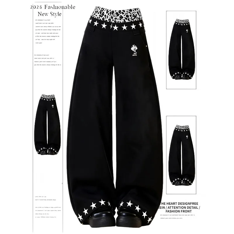 

2000s Oversize Denim Trousers Autumn Y2k Baggy Leopard Patchwork Jeans Vintage Harajuku Emo Star Jean Pants