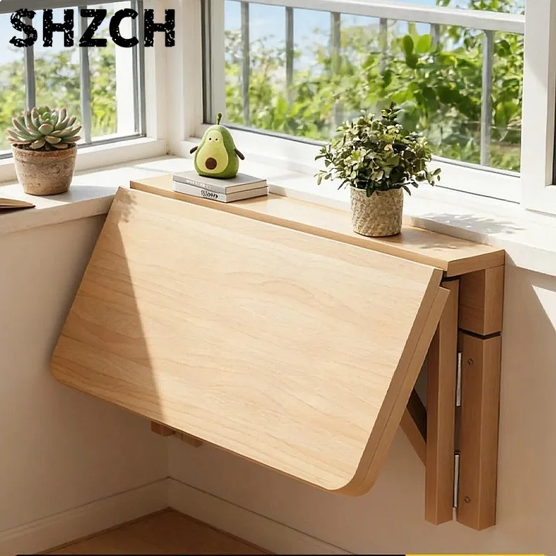 Solid Wood Wall Mounted Foldable Desk Space Saving Drop Table for Small Home Office