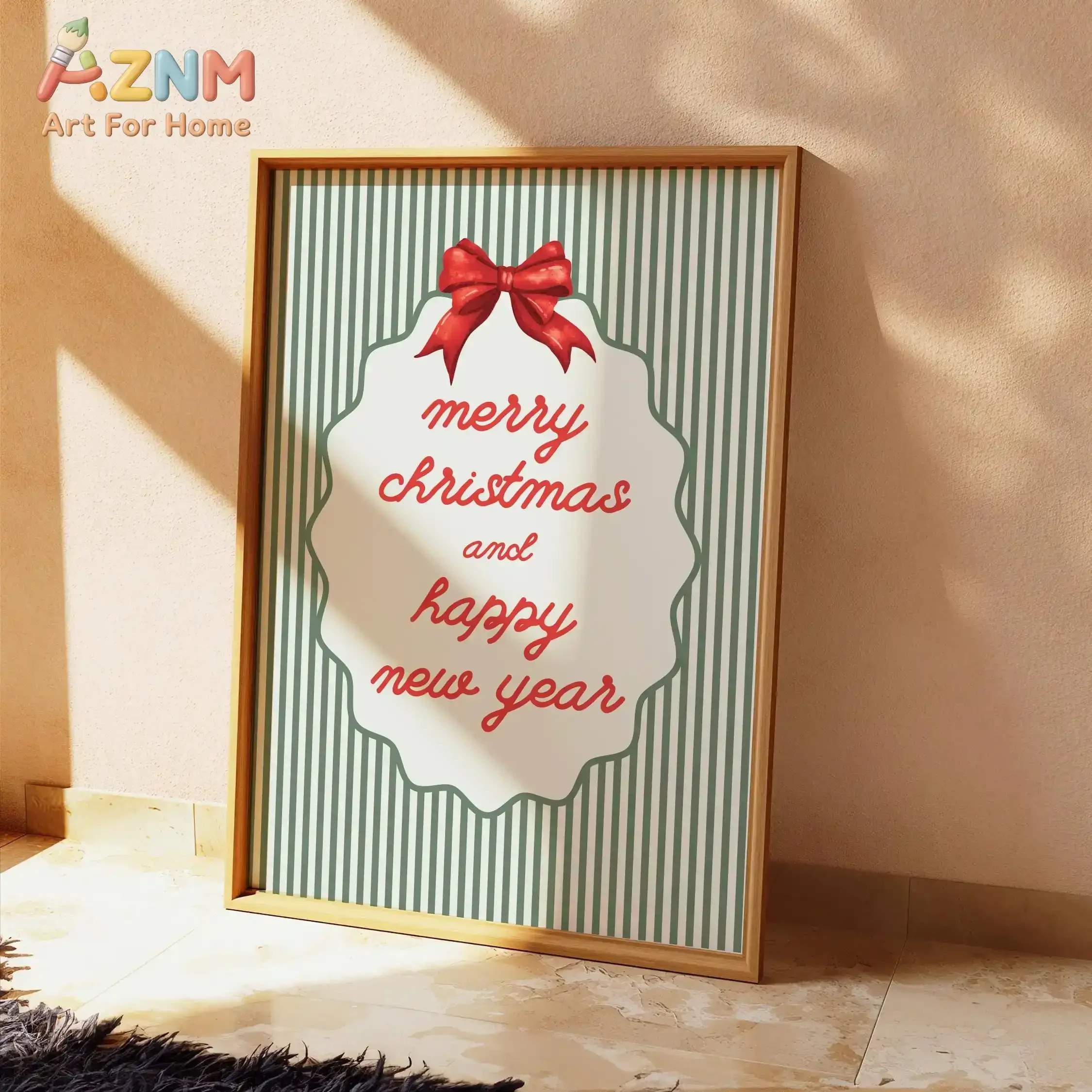 AZNM Merry Christmas And Happy New Year Canvas Wall Art Green Stripes Red Bow Print Poster Retro Winter Holiday Home Decor Unfra