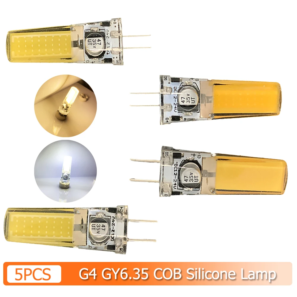 

Pop 5X G4 Gy6.35 Светодиодная лампа Cob Light 12 В постоянного тока 24 В Теплые лампочки Холодный белый 5 Вт Энергосберегающий силикон 360 ° Люстра для украшения комнаты
