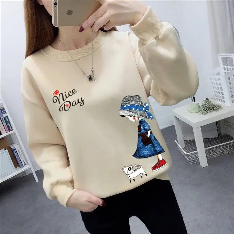 Korean Letter Geometric Printing Autumn Winter Lantern Long Sleeve Pullover Women\'s Clothing Round Neck All-match Hoodies Tops