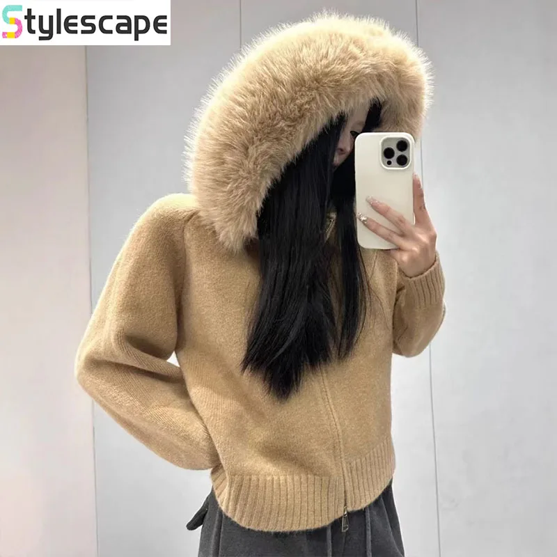 

Korean Autumn and Winter Knitted Cardigan Women's Loose Casual Versatile Long Sleeved Fur Collar Hooded Sweater Jacket Women