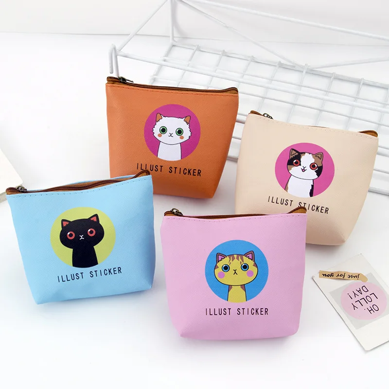 Cute Cartoon Cat Coin Card PU Pencil Case Pen Pouch School Office Supply Student Stationery Girl Cosmetics Storage Bag Wallet