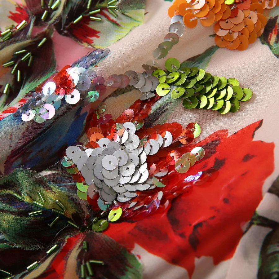 

2025 Summer new styles of European and American women's clothing Long sleeves round neck Sequined rose printed pleated dress