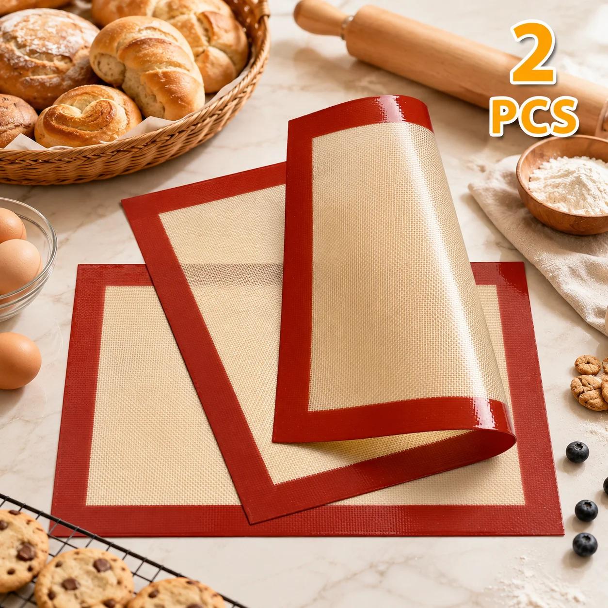 2PCS Silicone Baking Mats for Oven, Reusable, Non Stick & Heat Resistant Bakeware Sheets, for Cookie, Macaron, Bread, Pastry Mat