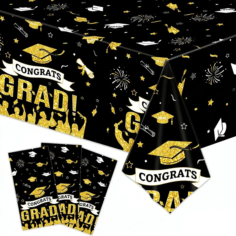 Waterproof Plastic Graduation Tablecloth Stars Design Diploma Pattern Disposable Table Cover Graduation Cap Plastic Table Cover