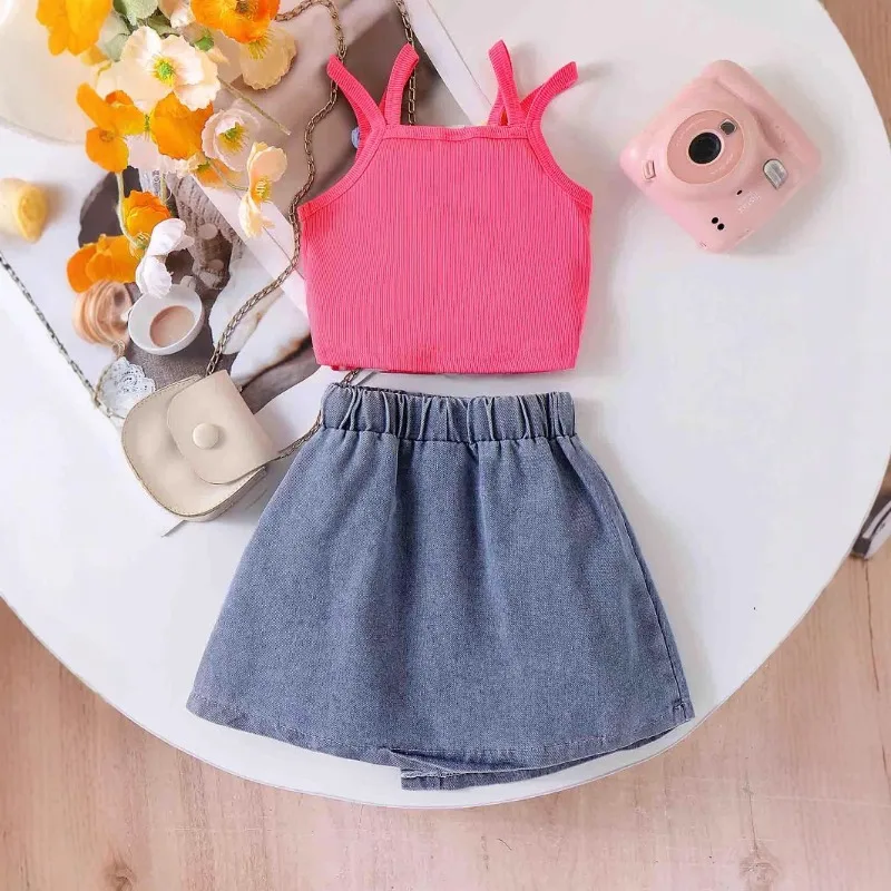 Europe and the United States summer new foreign-style girls suit cute rose red halter vest + denim skirt
