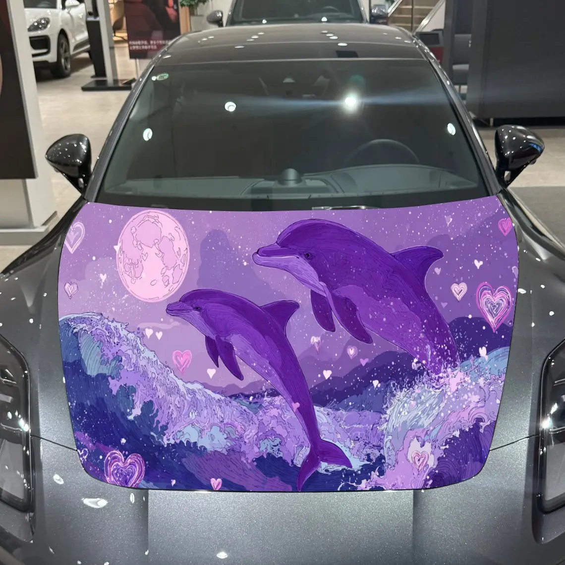 Purple Dolphin Love Brave Adventure PVC Car Hood Wraps, Self-Adhesive Waterproof Car Bonnet Decal Sticker, Car Decoration Protec
