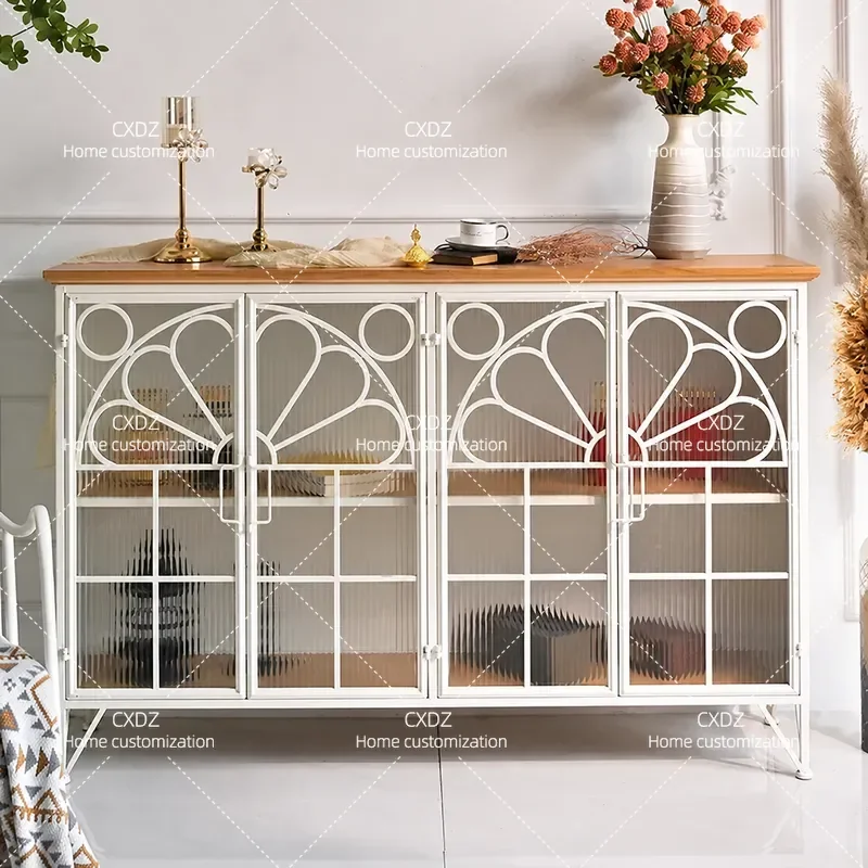 Wrought Iron Dining Side Cabinet with Glass Door Garden Style Retro Home Entrance Storage Locker for Living Room Wall High