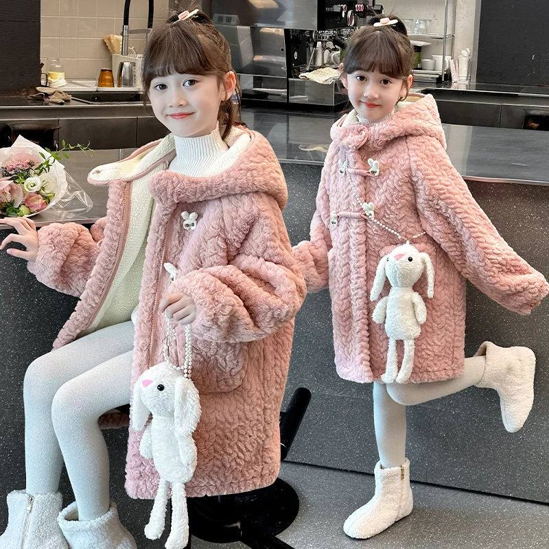 

winter warm teenage girls long Plush jacket Faux fur Thick velvet Rabbit Button junior kid overcoat child outerwear 4-13 clothes