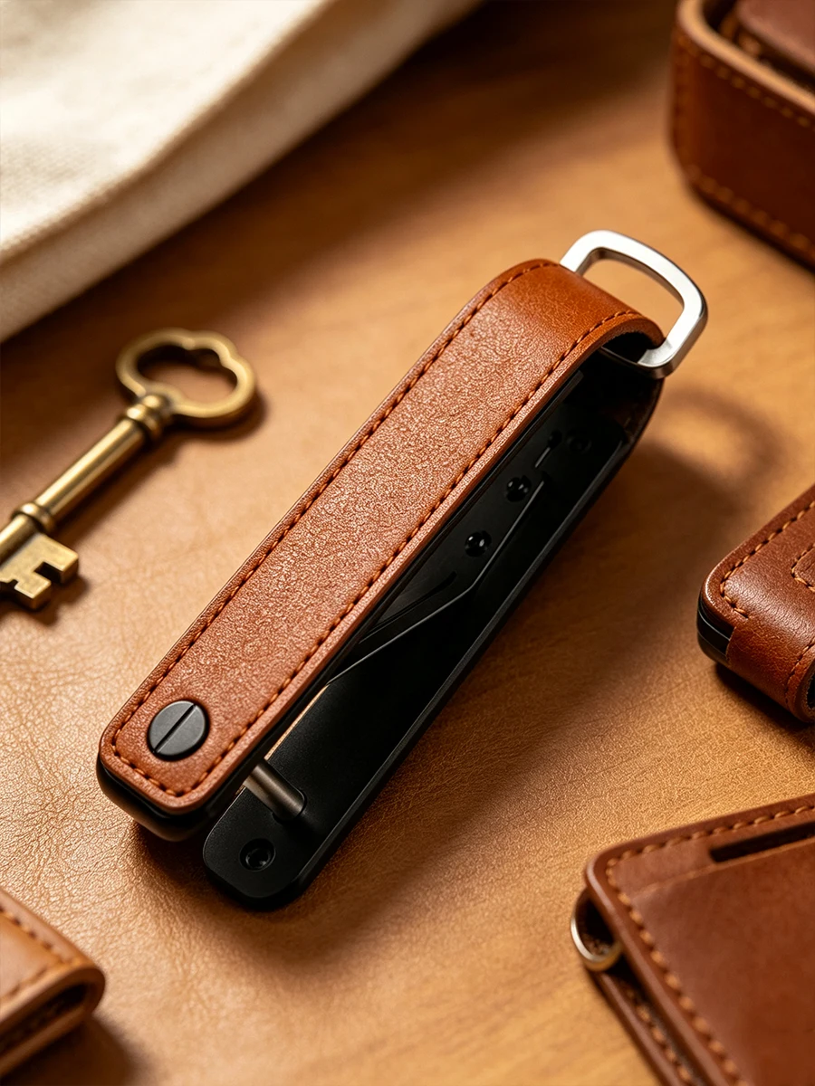 Tragbarer Multifunktions-Leder-Schlüsselhalter Aluminium-Schlüsselorganizer-Clip Langlebiger Taschen-Schlüsselanhänger für Standardschlüssel – Detail 9