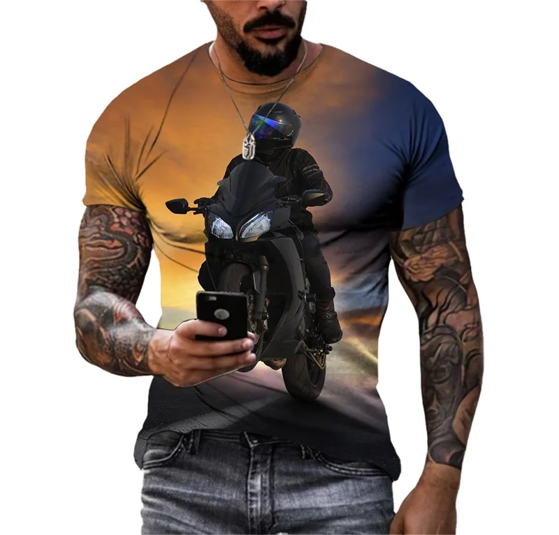 Sports Style Motorcycle Race T-Shirts For Men 3D Print Hip Hop Personality Round Neck Tee Tops Leisure Short Sleeve Mens Shirts