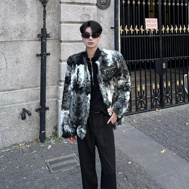 WTHT Fashion Men's Spliced Leather Contrast Solor Coats Trendy 2025 Autumn O-neck Zipper Loose Faux Fur Jackets Male 2A2267