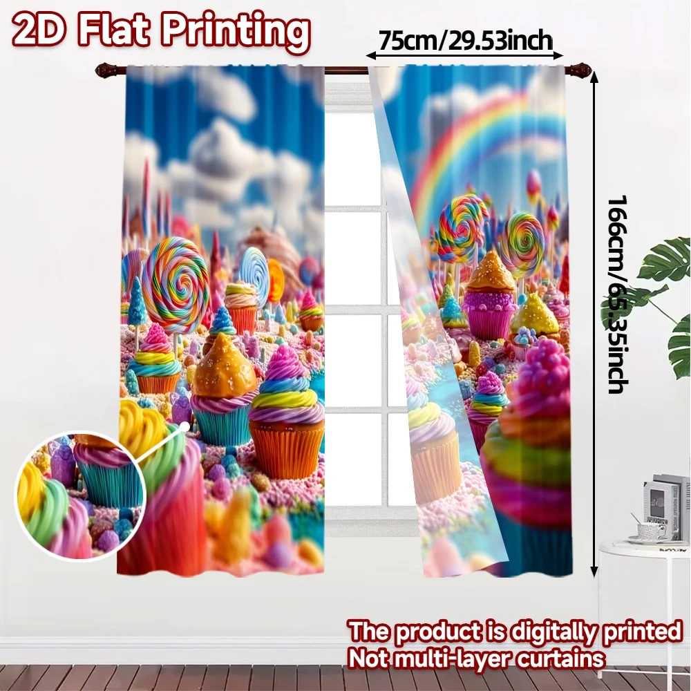 2pcs, 2D FLAT PRINTING Curtains (Without Rod) Candy Paradise Modern Minimalist Curtains Versatile Polyester Curtains Thermal
