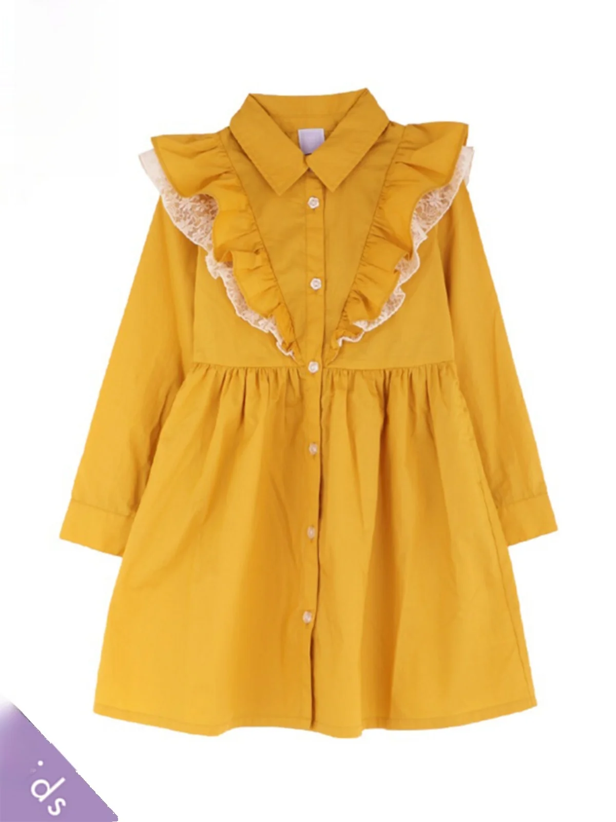 

Long Sleeve Lace Patchwork Turn-down Collar Kids Dress Axes Femme Princess Style Cotton Spring Summer Autumn Slim Fit Dress