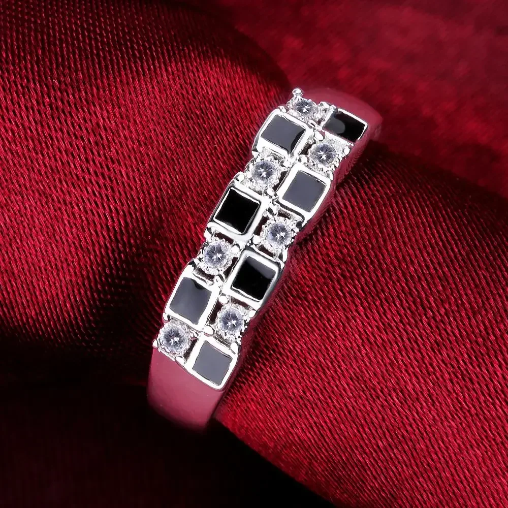 New Charms 925 Sterling Silver Fine Crystal Black Grid Rings For Women Fashion Streetwear Party Gifts Wedding Designer Jewelry