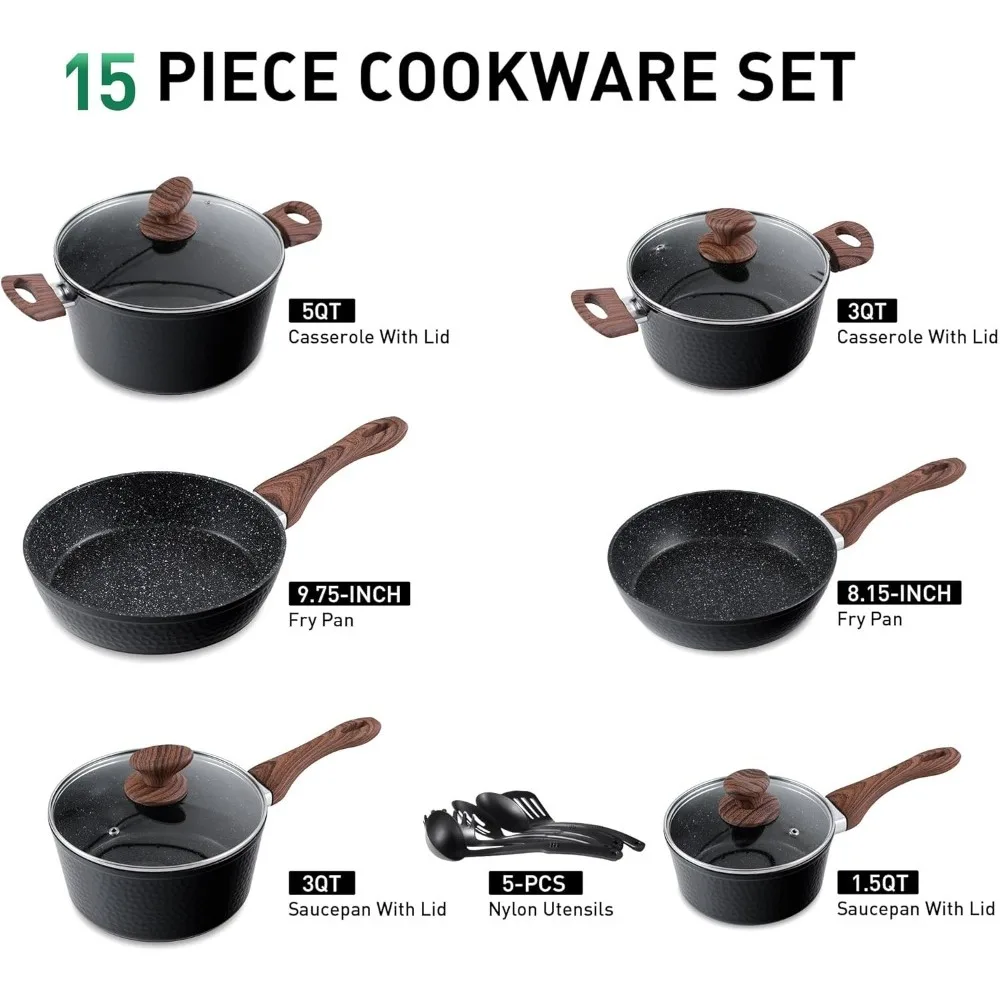 Clearance on Pots and Pans Set Non Stick, 15 Pcs Non Toxic Hammered Cookware Set, Black Granite Induction Kitchen Cooking Sets