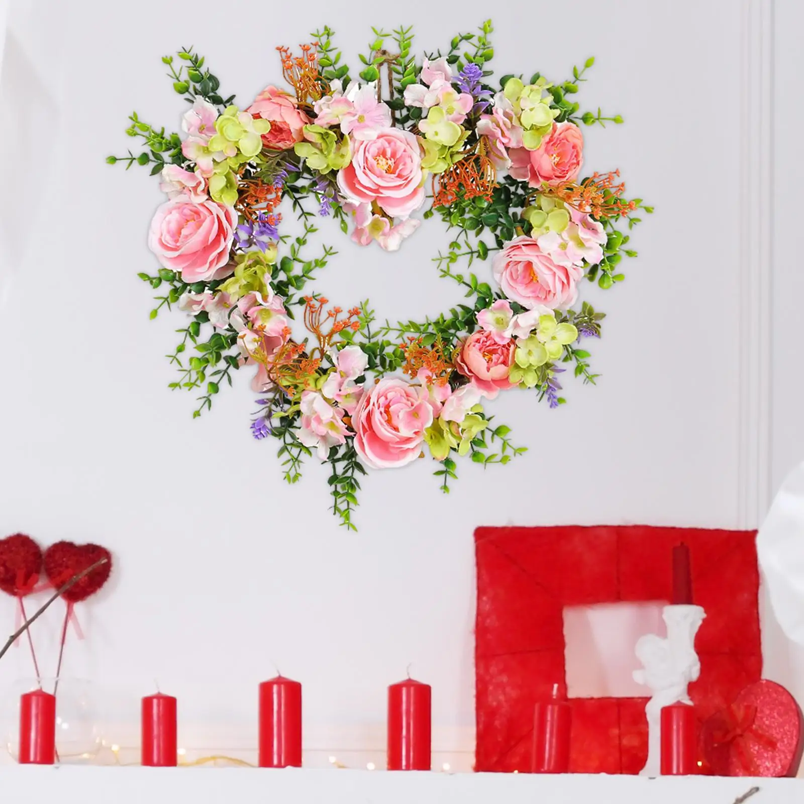 2024 Valentine Decoration Flower Rose Wreath Sturdy Realistic Versatile Lightweight Floral Wreath for Window Front Porch