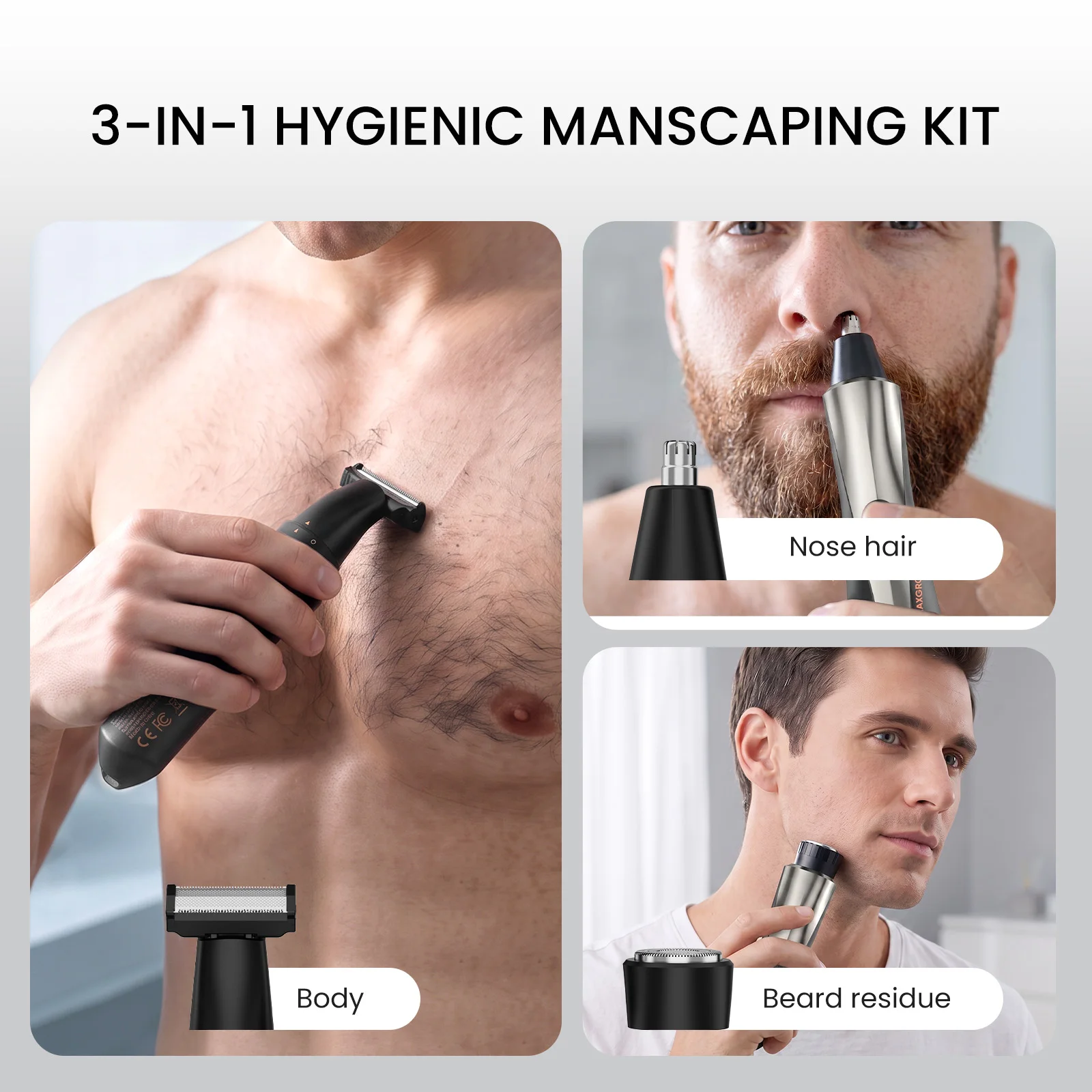 MAXGROOM 3‑in‑1 Men Electric Trimmer 7000RPM IPX6 Waterproof Beard Shaver Kit Digital Display Body Hair Clipper With Limit Combs