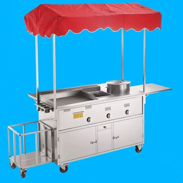 2025 Hot Selling Factory Outlet Detachable Mobile Stainless Steel Street Food Snack Beverage Gas Trolley Handcart Cart