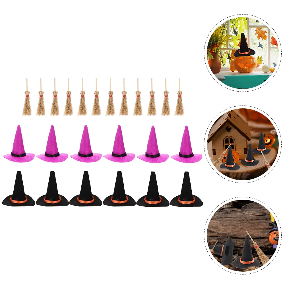 1 conjunto de chapéus de bruxa em miniatura, mini chapéu de halloween, decoração de vassoura, suprimentos de artesanato de bruxa minúscula, decoração de festa de micro paisagem